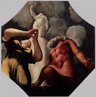 Deukalion, mityczny dobry i sprawiedliwy krl Tesalii, syn Prometeusza, wraz ze sw maonk Pyrr modl si przed posgiem bogini Temidy. Razem z maonk Pyrr przetrwali potop zesany przez Zeusa. Obraz 	Tintoretto z 1542