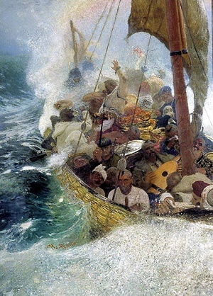 Kozacy eglowali po Morzu Czarnych w niewielkich czajkach. Obraz: Ilja Riepin